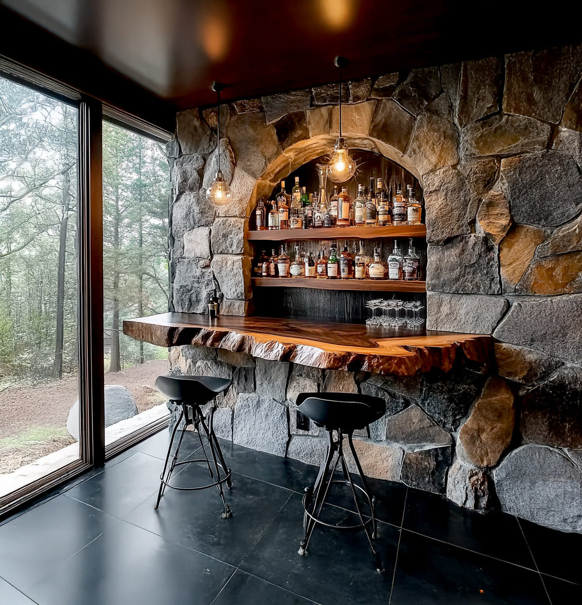 Rustic live edge solid wood floating whiskey bar in a modern home bar