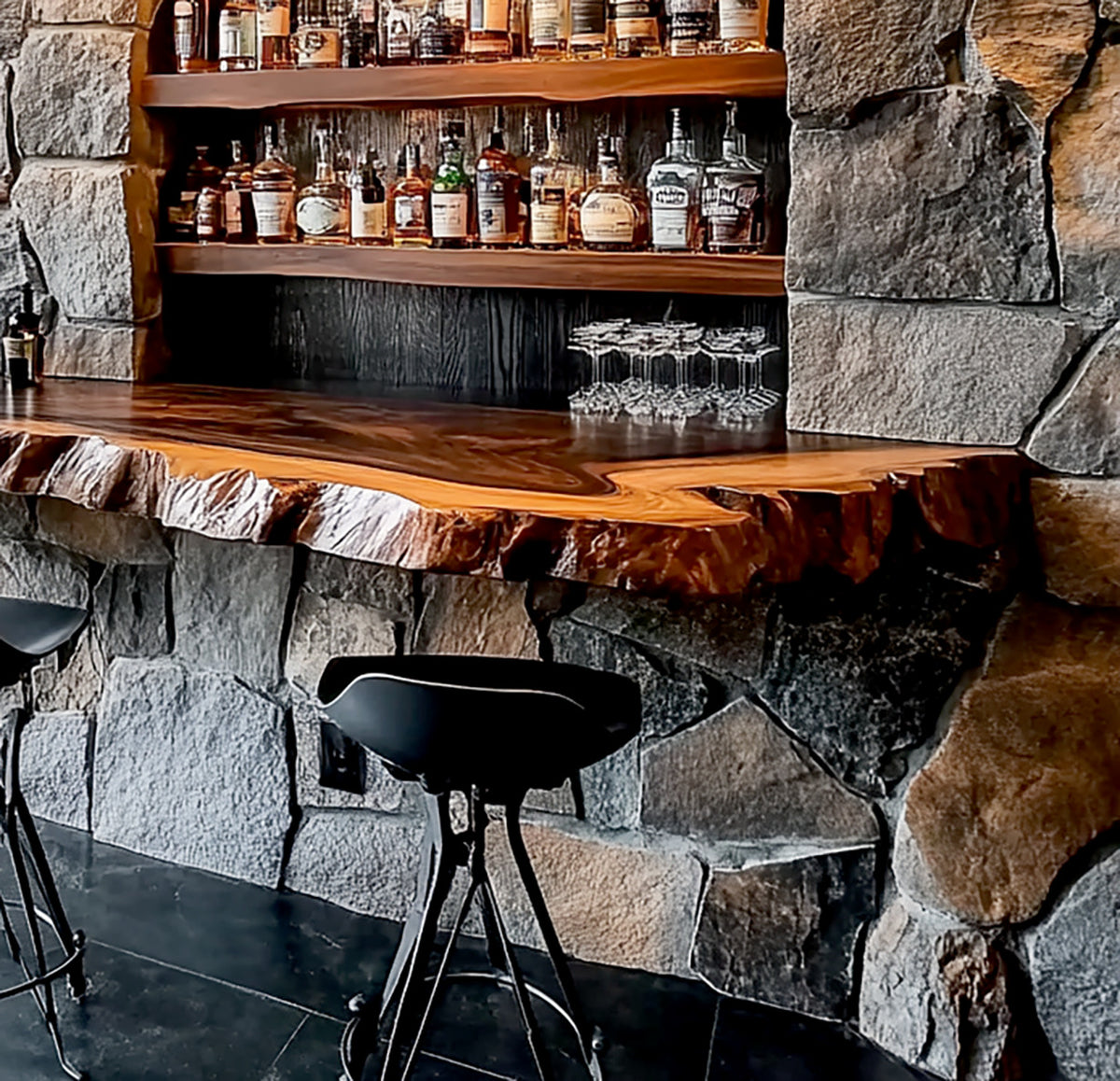 Rustic floating wine and whiskey display shelf
