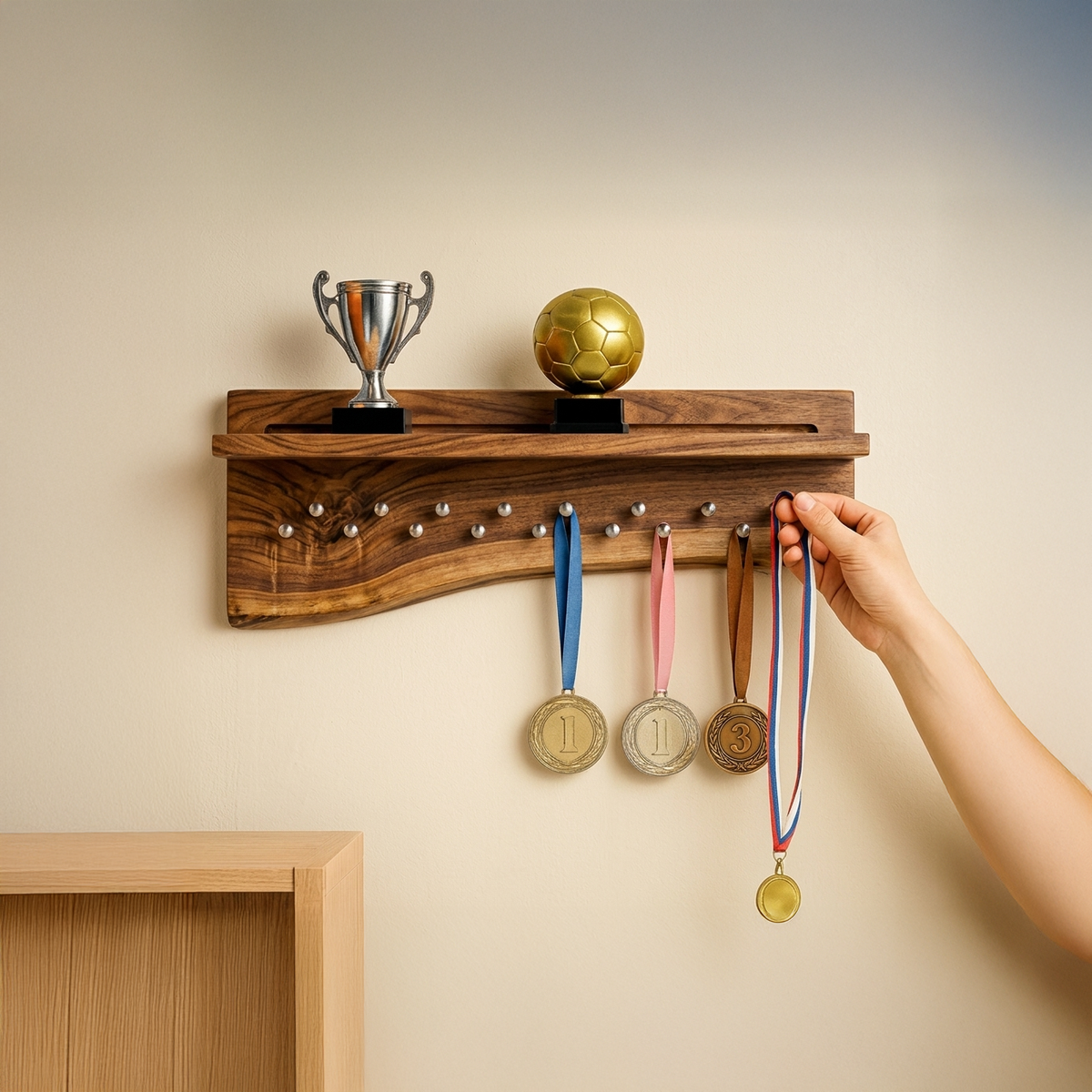 Rustic live edge medal shelf made from solid wood
