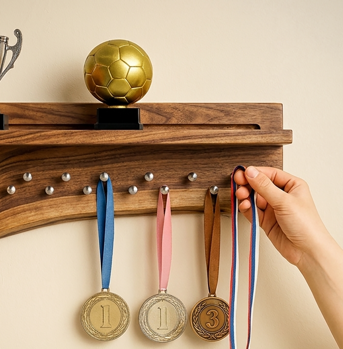Sports medal display rack with natural live edge wood design