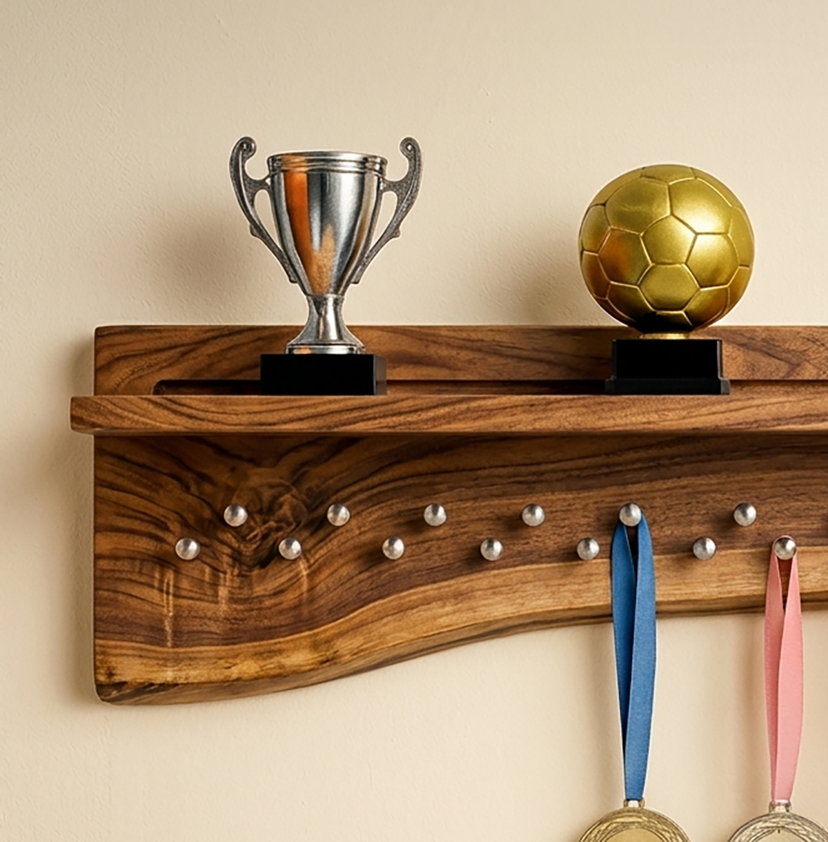 Wooden medal holder shelf for awards and memorabilia