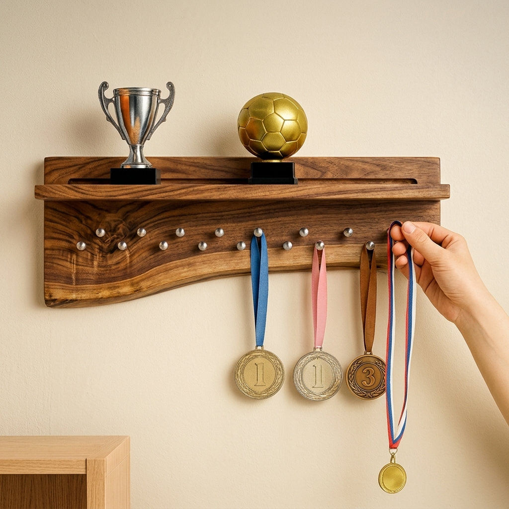 Handcrafted sports display shelf for medals and trophies