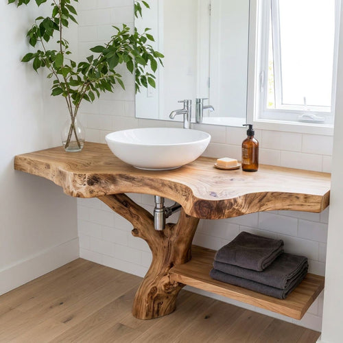 Rustic Live Edge Solid Wood Bathroom Vanity with Hand-Carved Tree Branch Leg