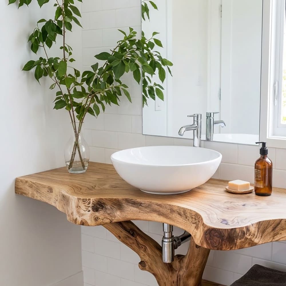 Live edge solid wood bathroom vanity with a rustic design and sculptural branch leg