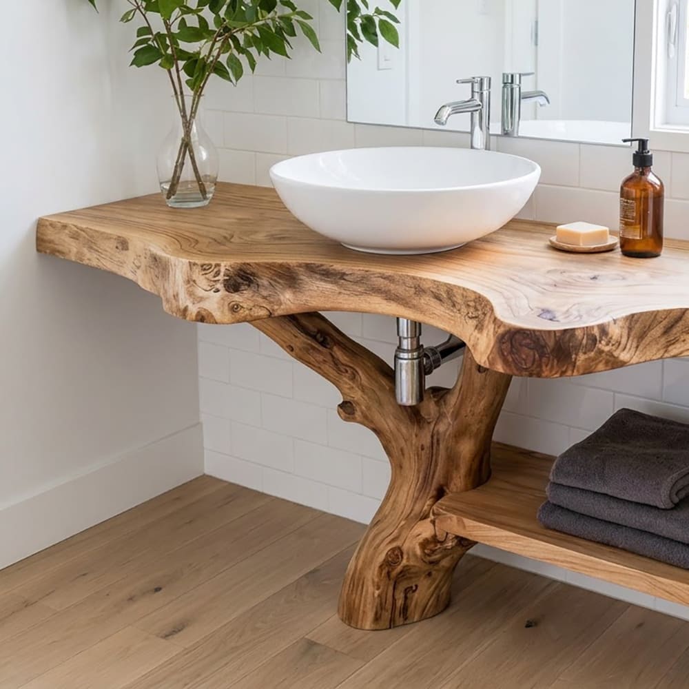 Rustic solid wood bathroom vanity with live edge detailing and a carved tree branch base