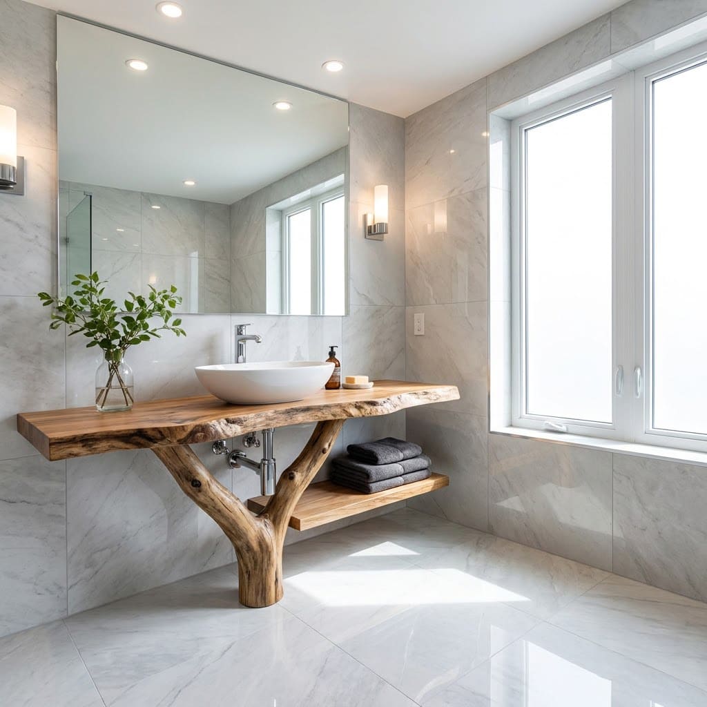 Rustic live edge solid wood bathroom vanity with a hand-carved tree branch leg for modern bathrooms