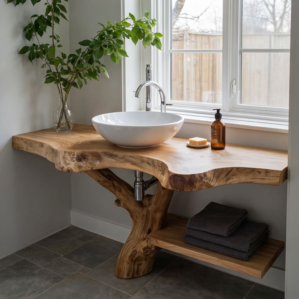 Live edge solid wood bathroom vanity with a rustic finish and sculptural branch leg for contemporary interiors