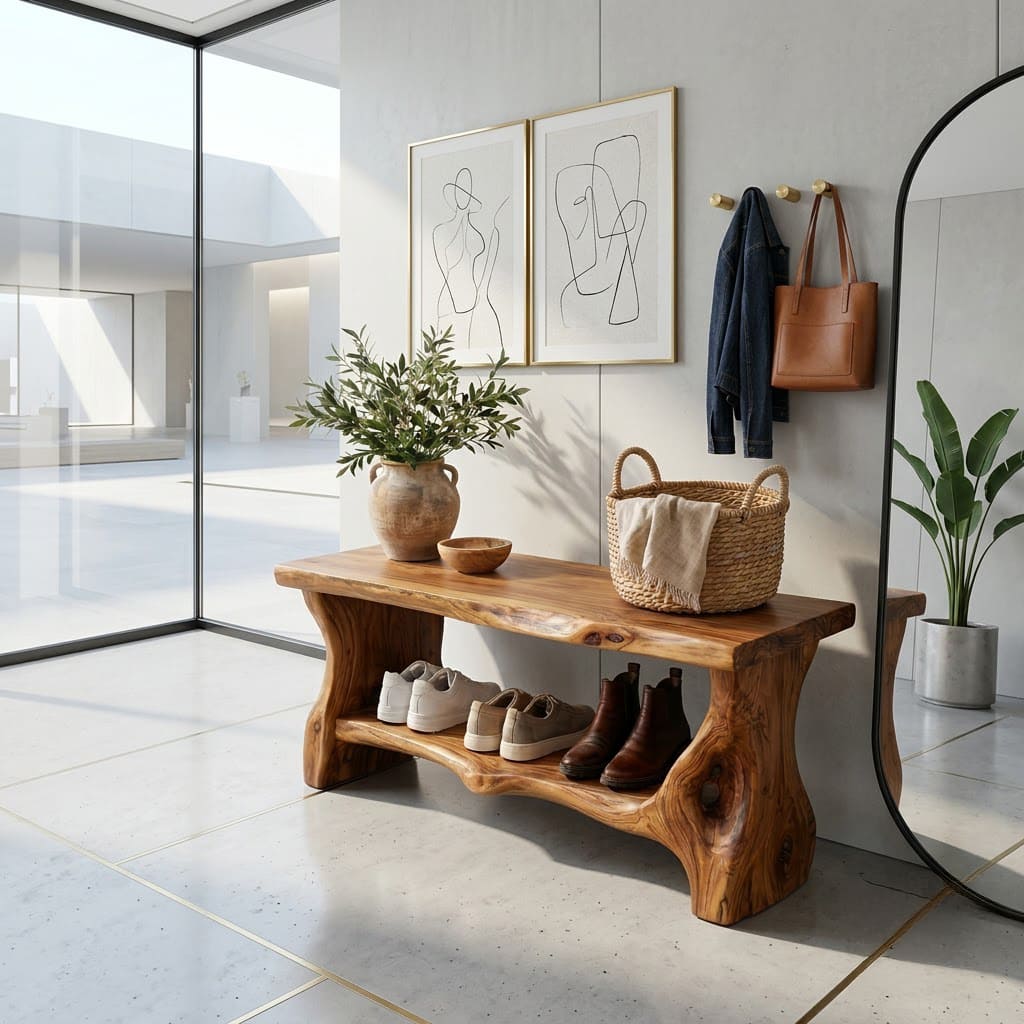 Live edge solid wood shoe bench with rustic styling and lower shelf for organized entryway spaces