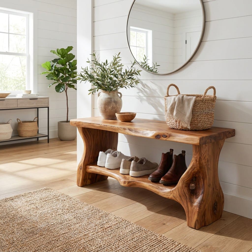 Rustic solid wood entryway bench with live edge detailing and storage for stylish home interiors