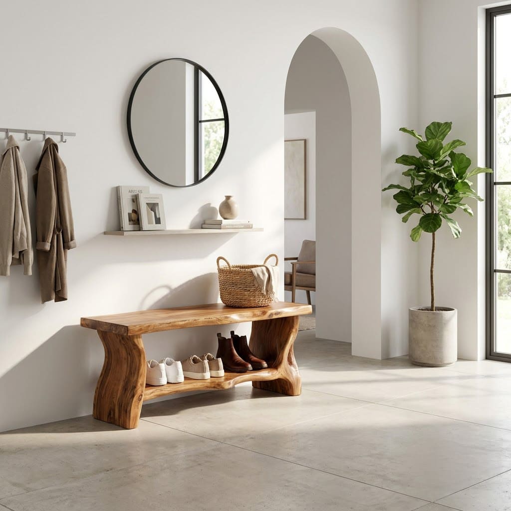 Live edge solid wood entryway shoe bench with open lower storage shelf for contemporary homes