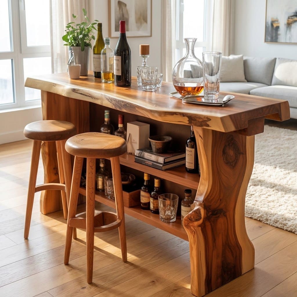 Rustic live edge home bar table crafted from solid wood with storage shelves