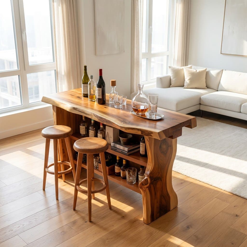 Live edge solid wood kitchen island with rustic styling and storage shelves for functional home spaces