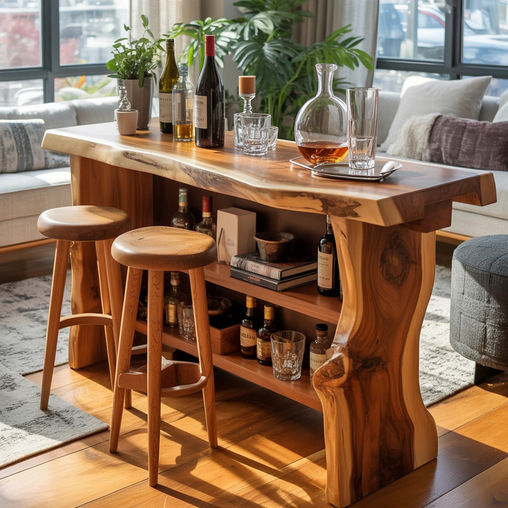 Rustic solid wood home bar table with live edge detailing and open shelving for stylish interiors