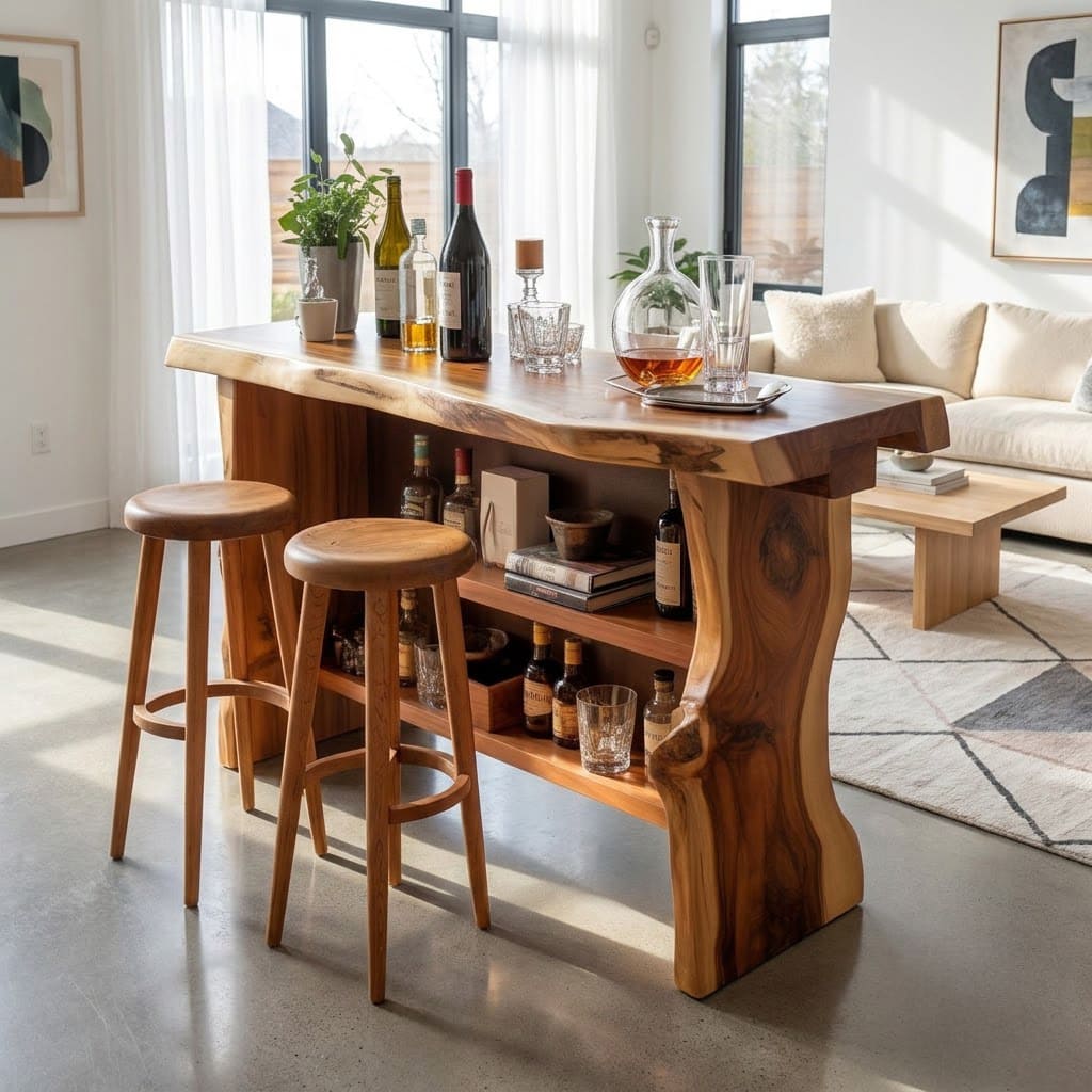 Live edge solid wood bar table and kitchen island with storage shelves for contemporary homes
