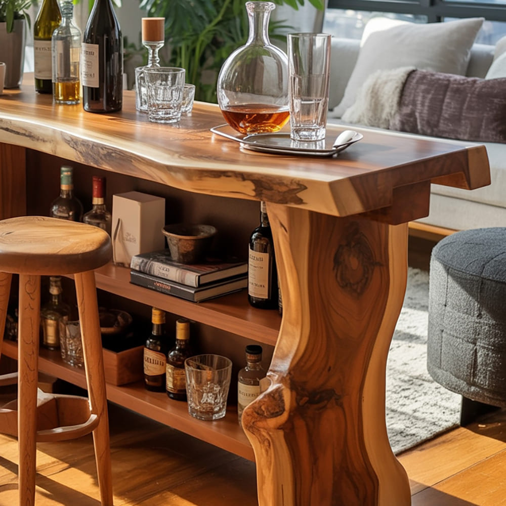 Rustic solid wood bar table and kitchen island with functional storage shelves