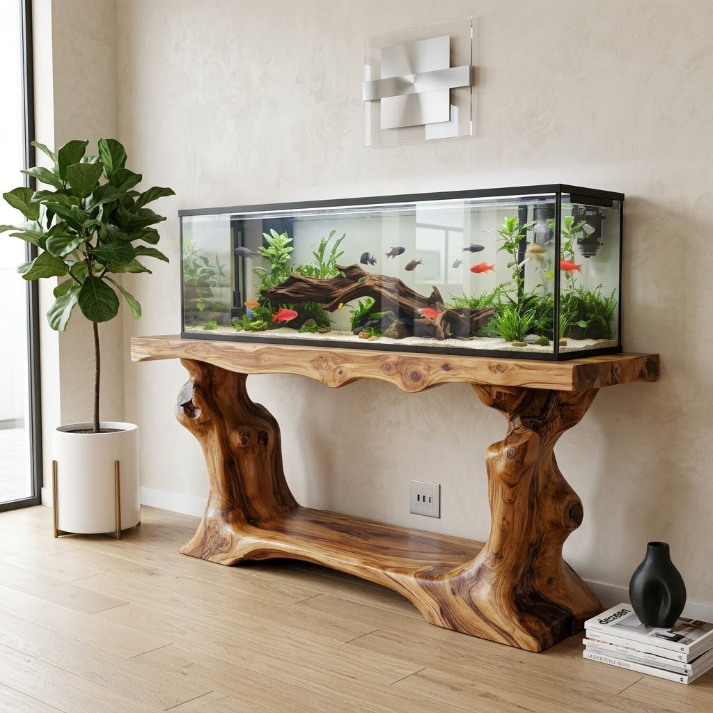 Live edge solid wood aquarium console enhancing a contemporary living space