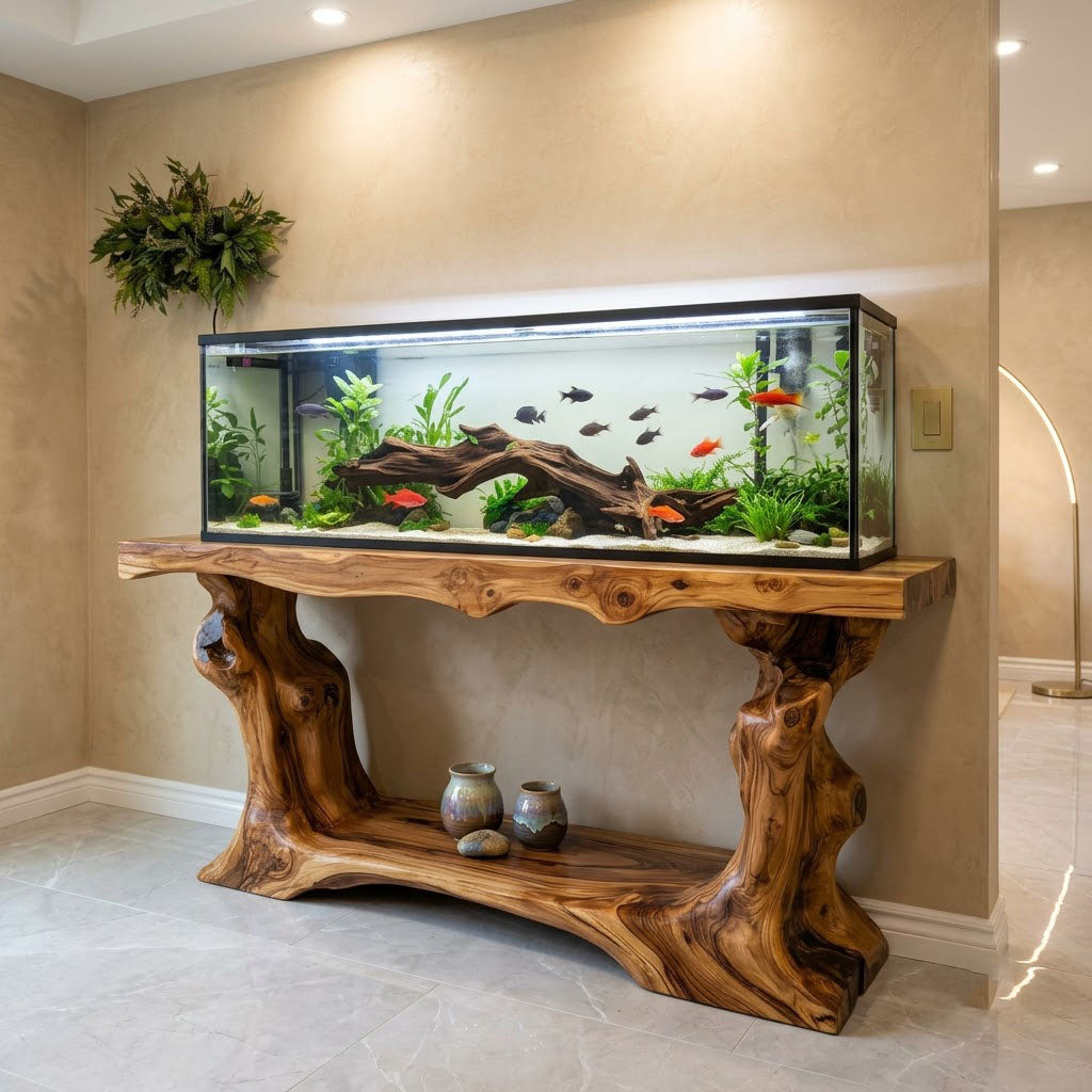 Tree root solid wood console table styled in an elegant modern home