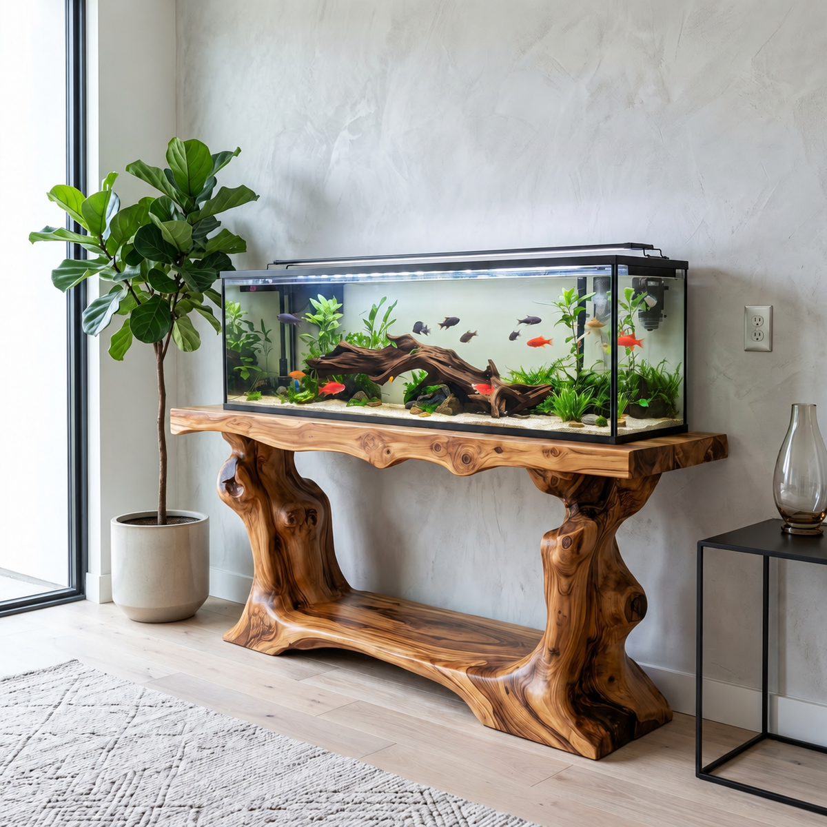 Tree root solid wood console table styled in an elegant modern home