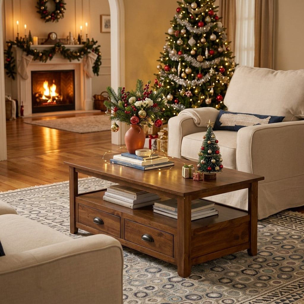 Rustic coffee table with storage crafted from solid wood