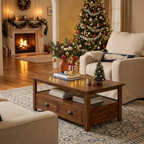 Rustic Living Room Coffee Table with 2 Storage Drawers & Open Shelf