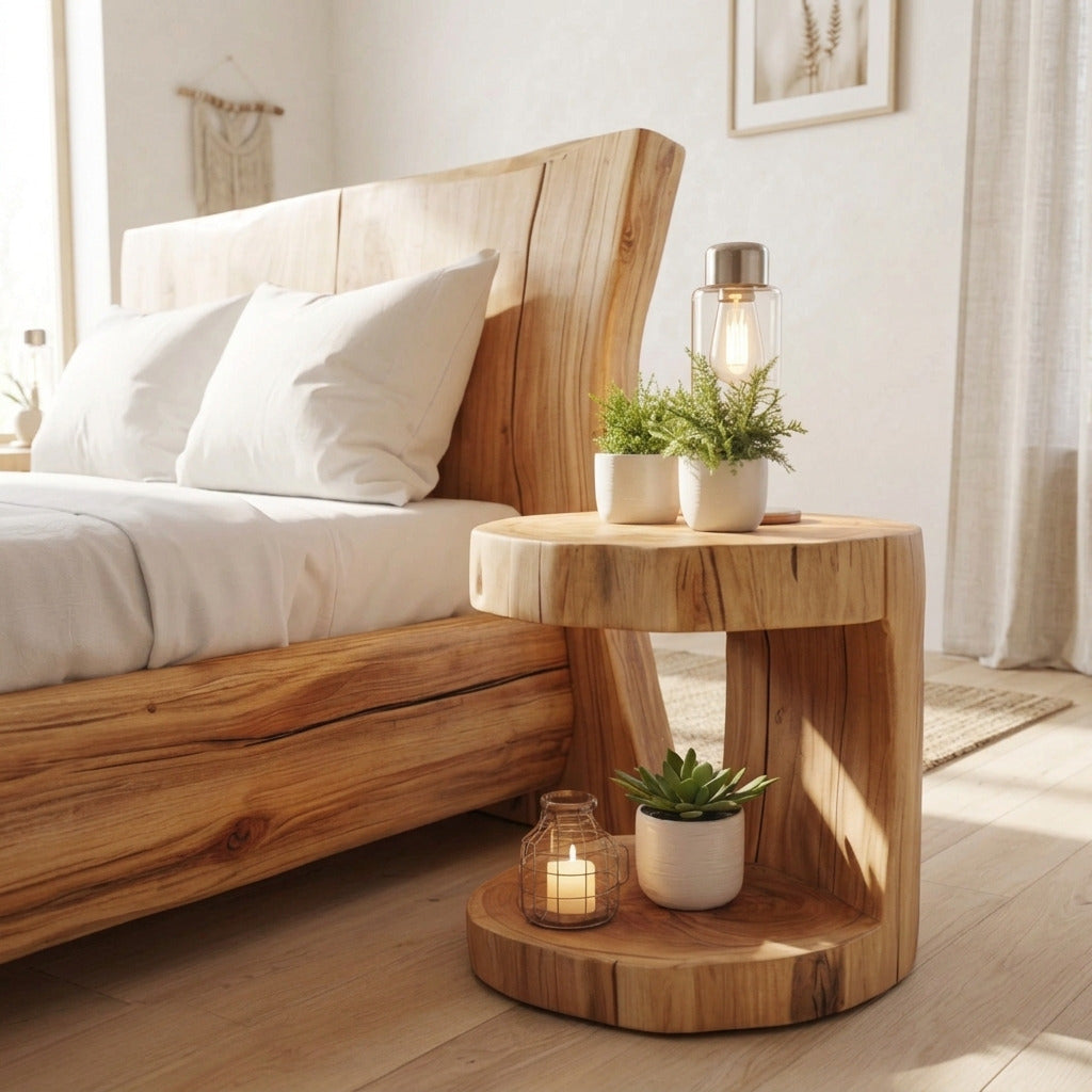 Rustic live edge nightstand enhancing a cozy bedroom