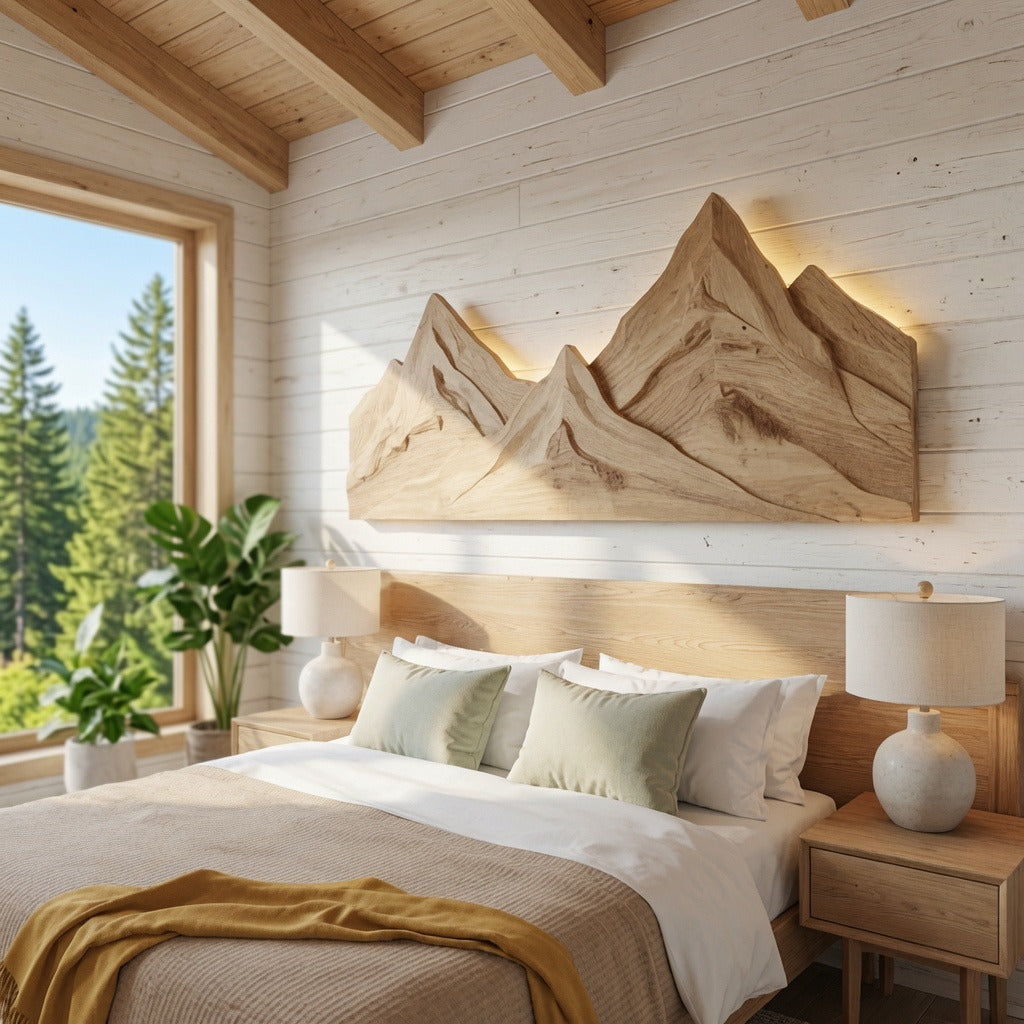 Handcrafted wooden mountain wall sculpture above a bedroom headboard