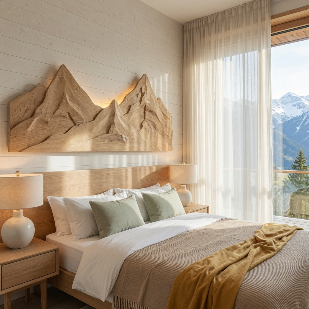 Artisan carved mountain wall art creating a focal point in a cozy bedroom