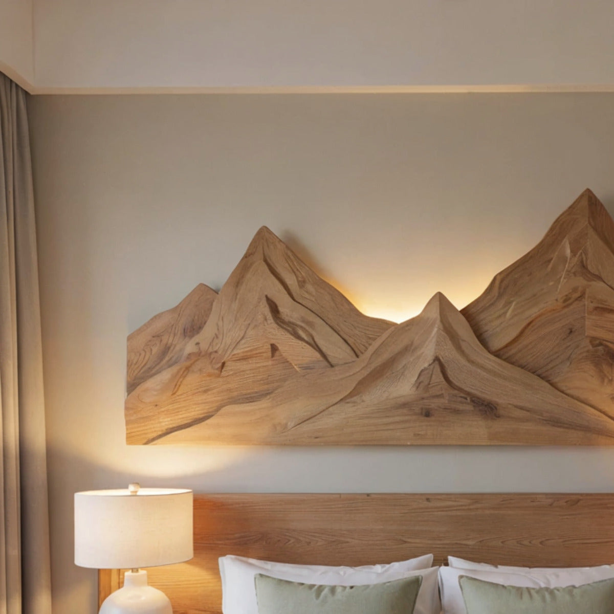 Rustic solid wood wall art panel with mountain landscape