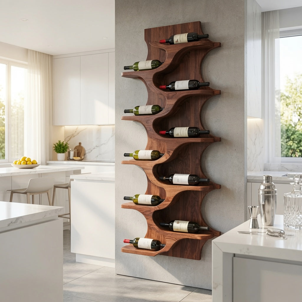 Handcrafted solid wood wine rack displayed in a modern kitchen