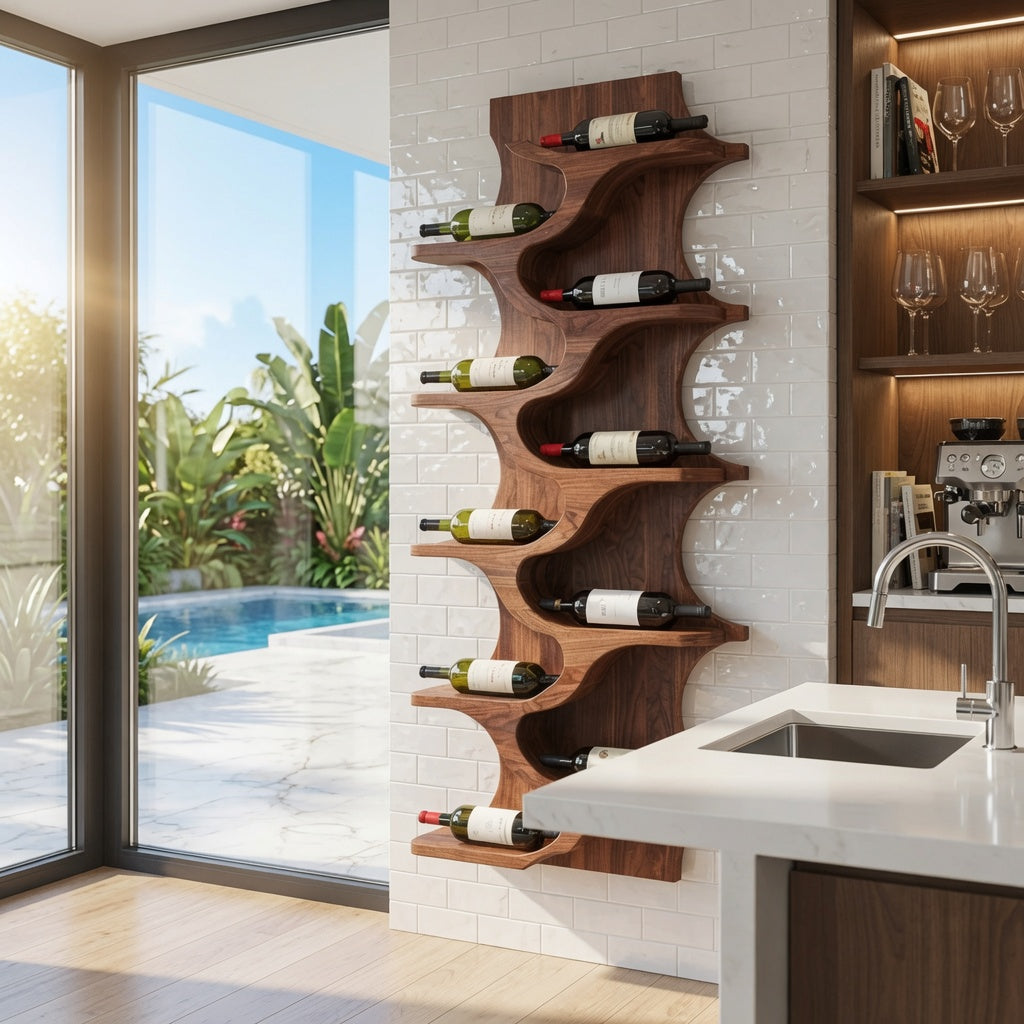 Natural wood wall mounted wine rack in a contemporary apartment