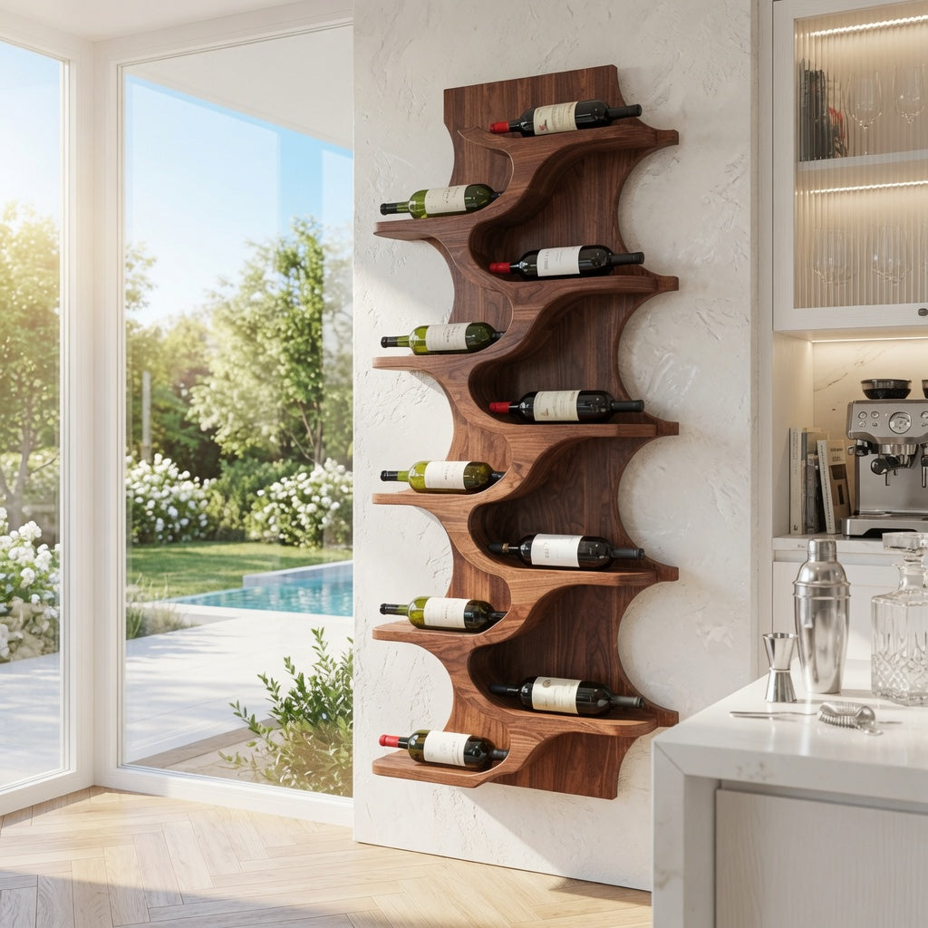 Rustic solid wood wine rack for organized wall storage in a dining space