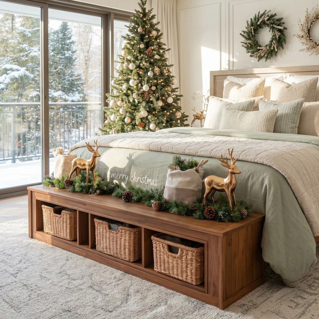 Rustic solid wood cubby bench styled with Christmas decorations in a cozy bedroom