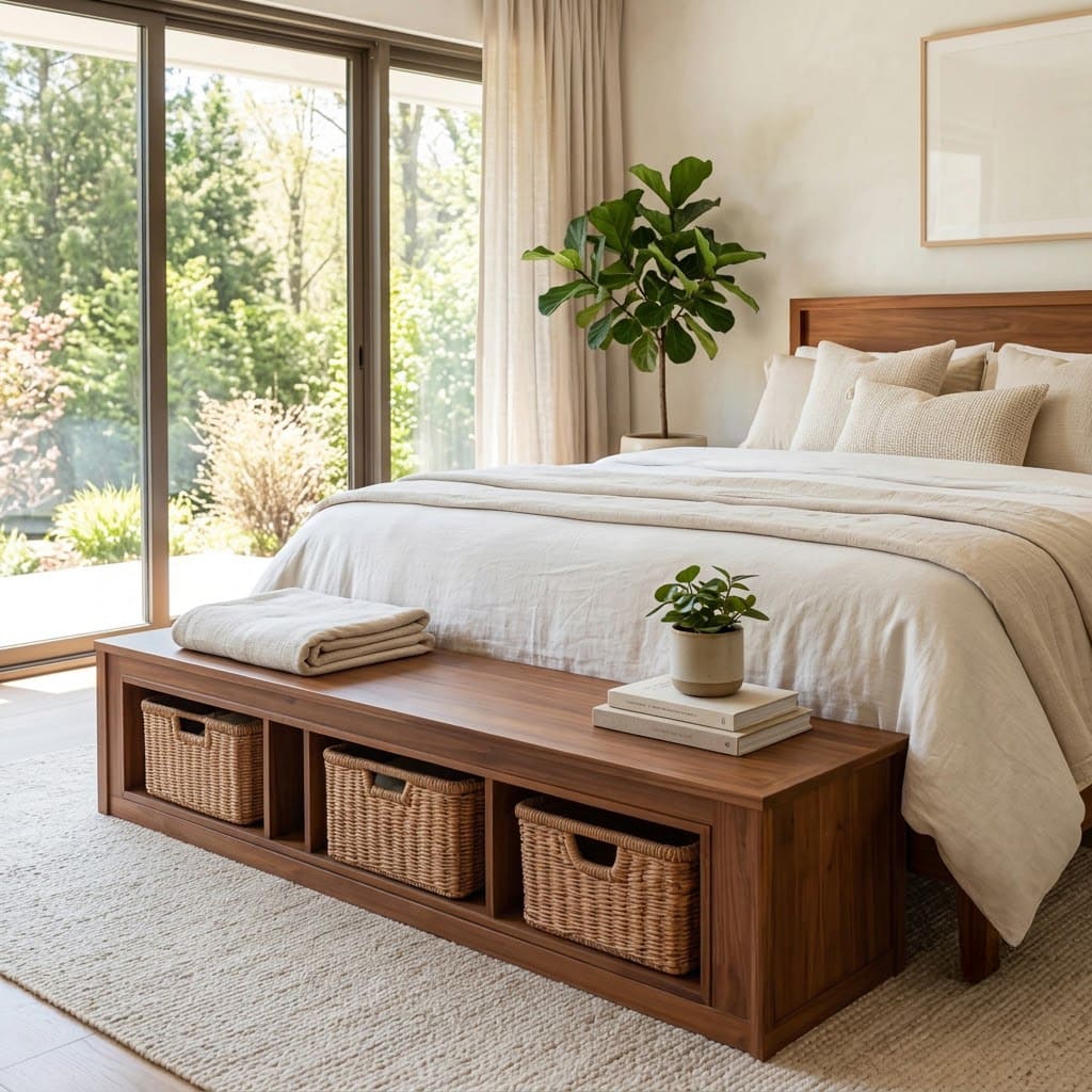 Bedroom cubby bench featuring practical storage and warm seasonal styling