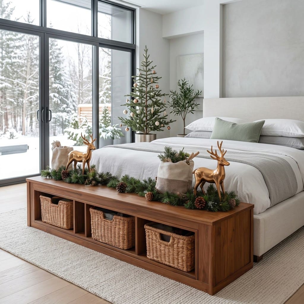 Rustic solid wood bedroom cubby bench with built-in storage