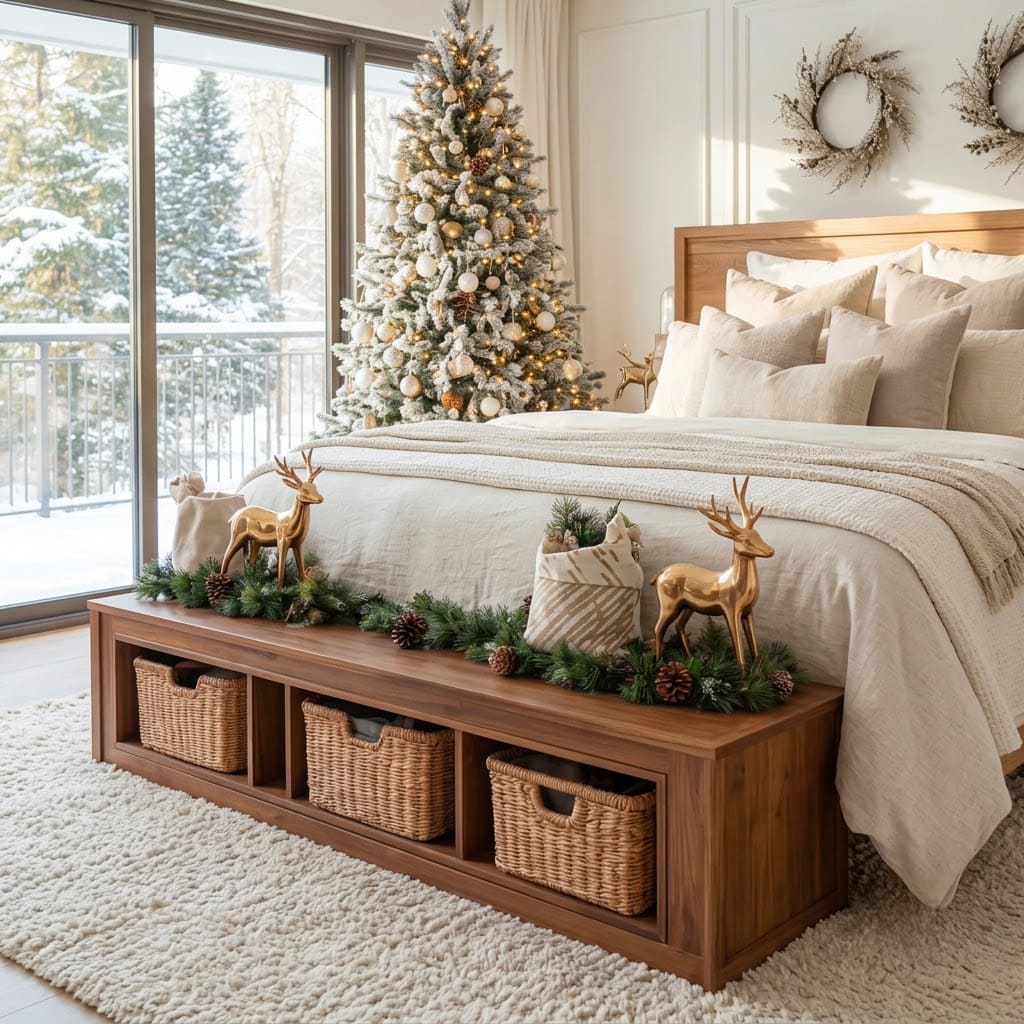 Rustic solid wood bench placed at the foot of a Christmas-themed bedroom