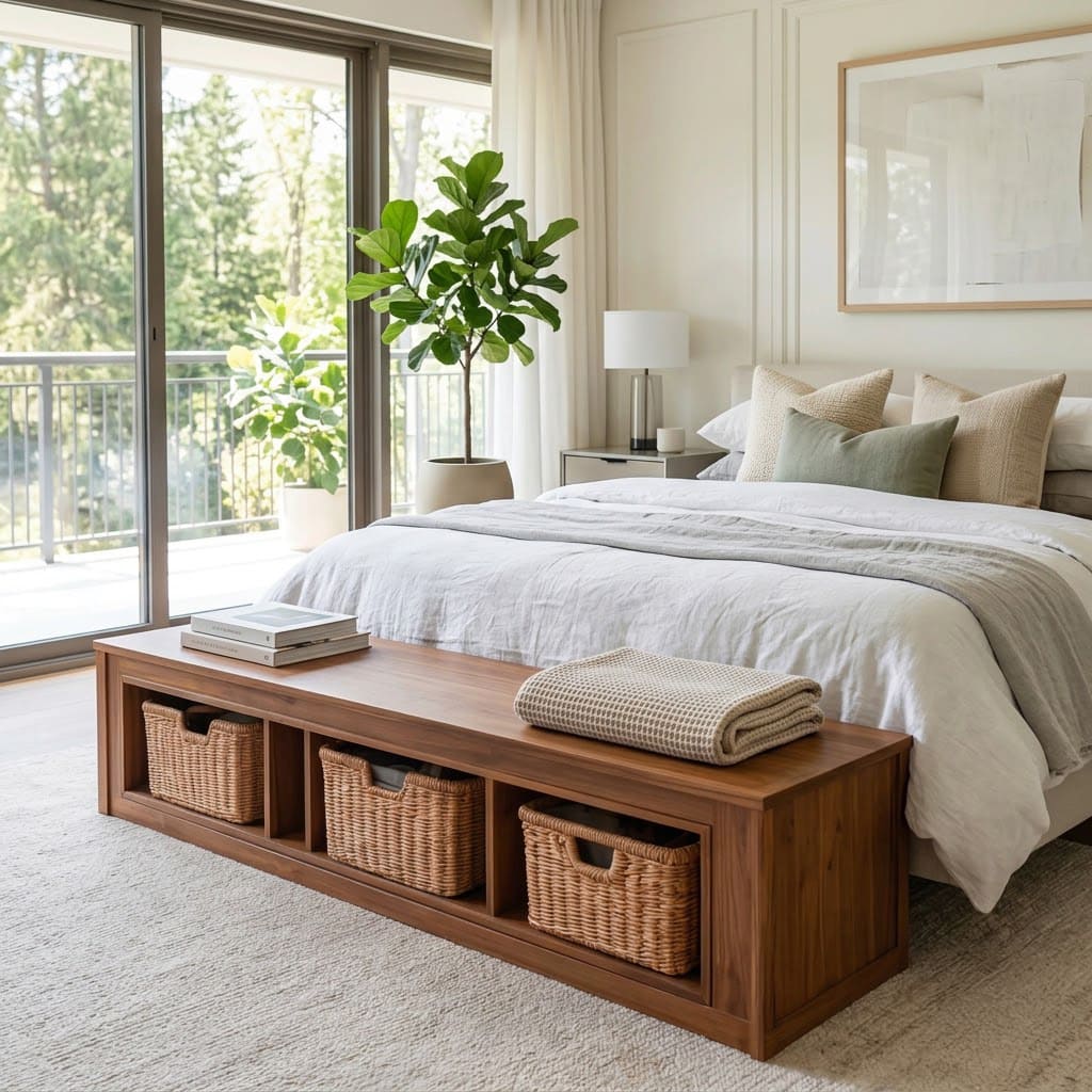 Rustic wooden cubby bench styled in a warm and inviting bedroom interior