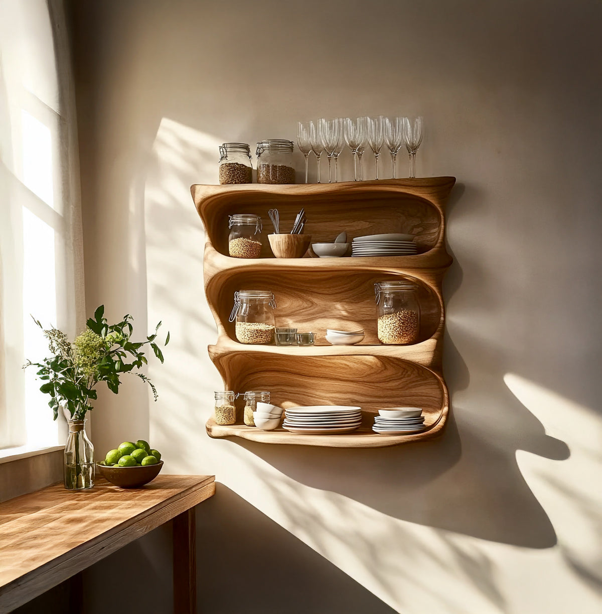 Rustic solid wood kitchen cabinet with farmhouse storage shelves