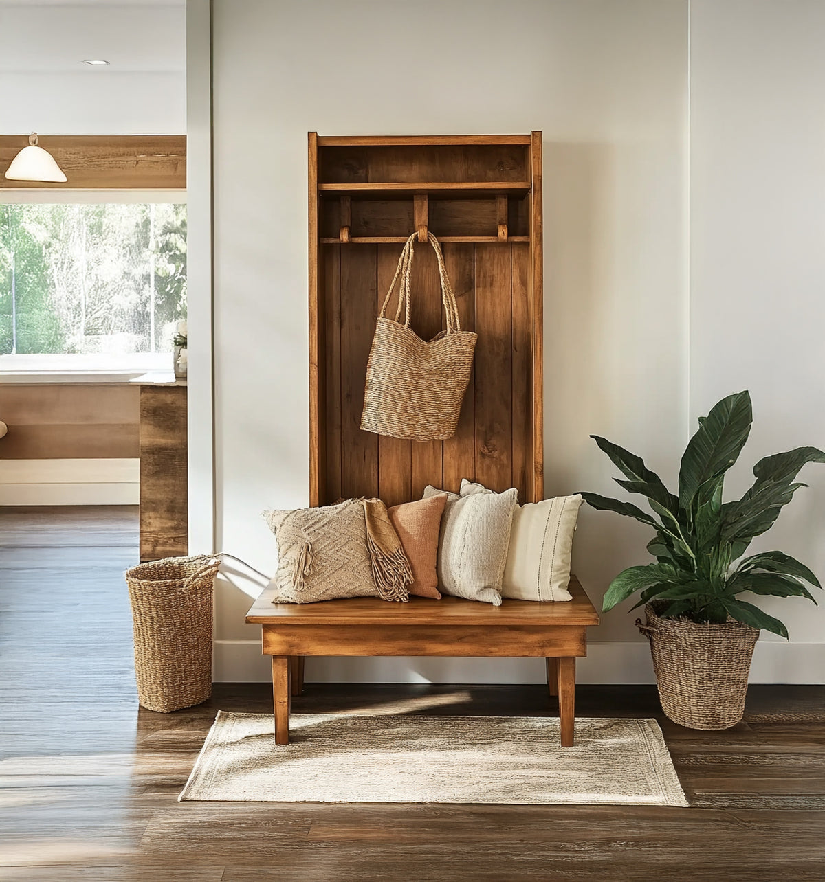 Rustic Solid Wood Hall Tree Entryway Bench with Coat Rack Handcrafted Storage Organizer