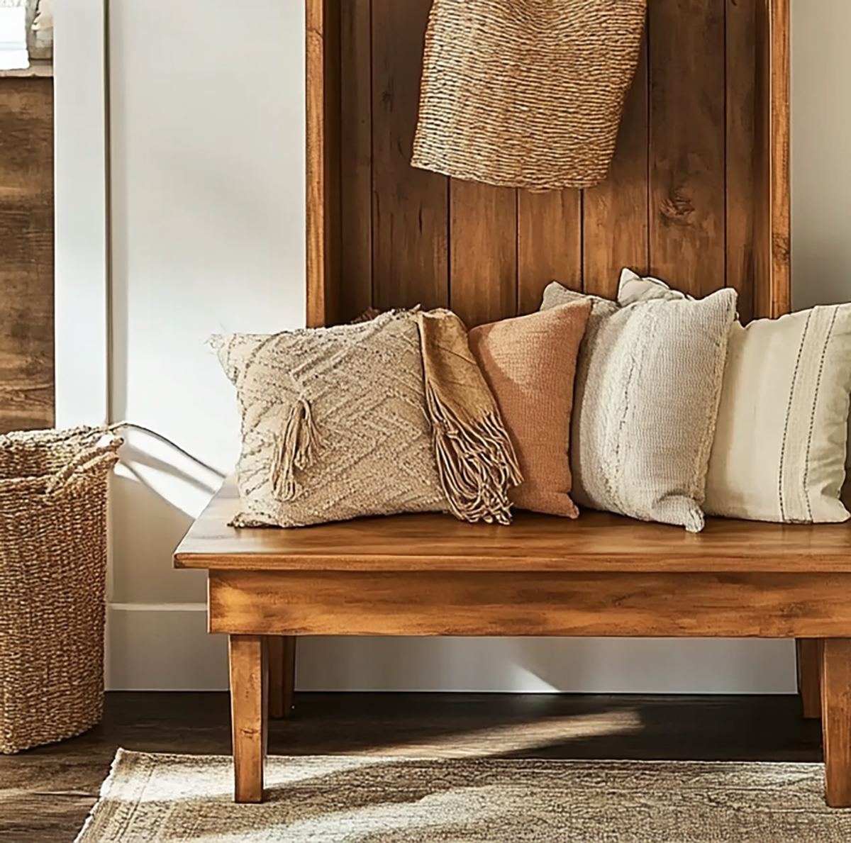 Rustic Solid Wood Hall Tree Entryway Bench with Coat Rack Handcrafted Storage Organizer