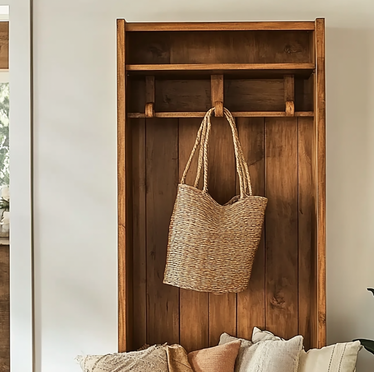 Rustic Solid Wood Hall Tree Entryway Bench with Coat Rack Handcrafted Storage Organizer