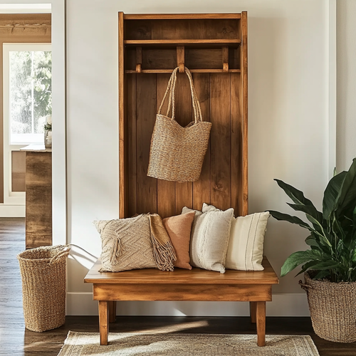 Rustic Solid Wood Hall Tree Entryway Bench with Coat Rack Handcrafted Storage Organizer
