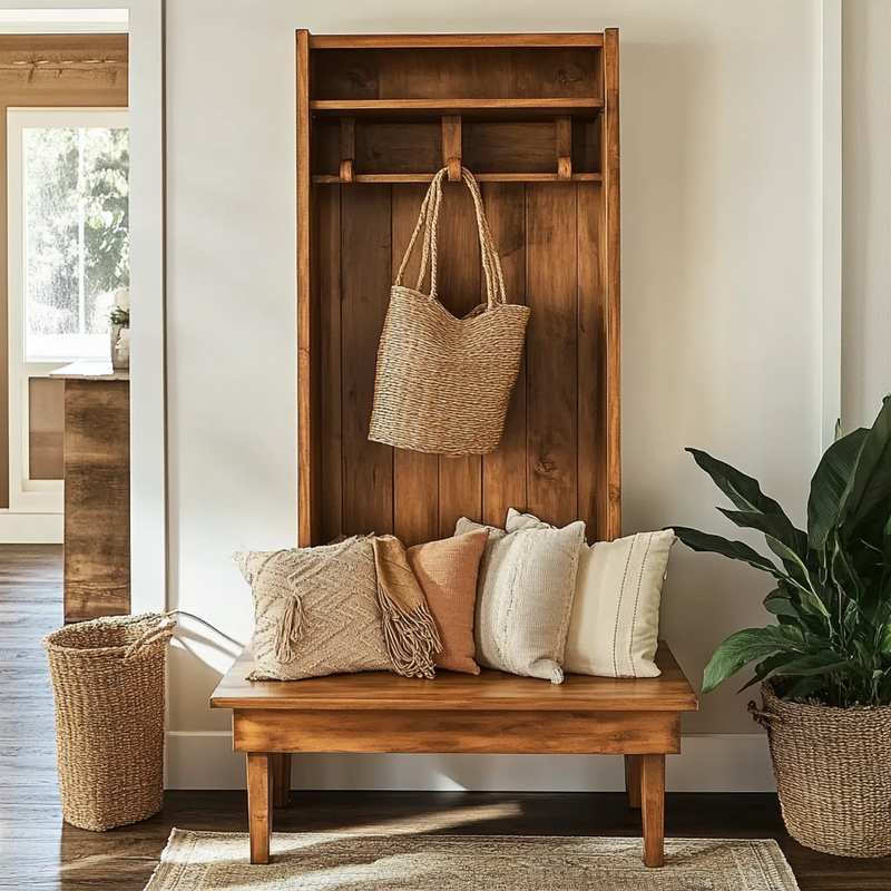 Rustic Solid Wood Hall Tree Entryway Bench with Coat Rack Handcrafted Storage Organizer
