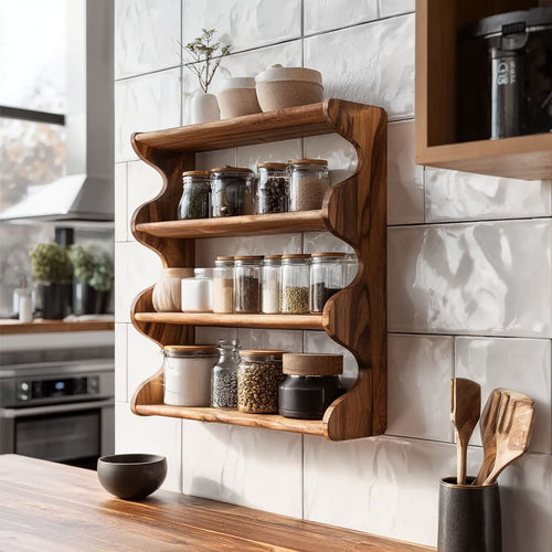 Rustic Solid Wood Scalloped Spice Rack - Handcarved Wavy Edge Kitchen Wall Shelf for Jars & Pantry Storage