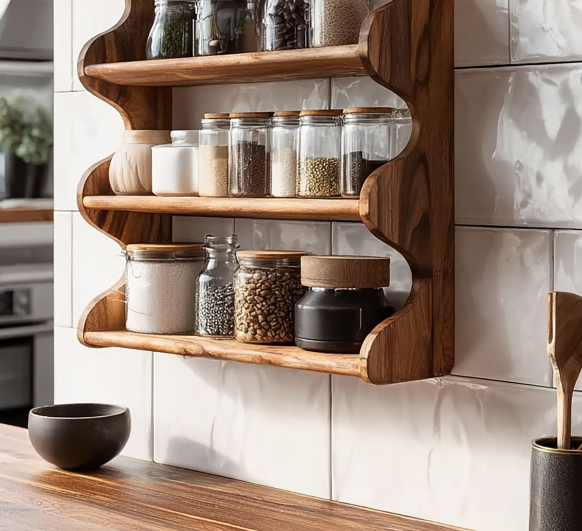 Rustic kitchen wall shelf with handcrafted wavy edge detailing and multiple storage tiers