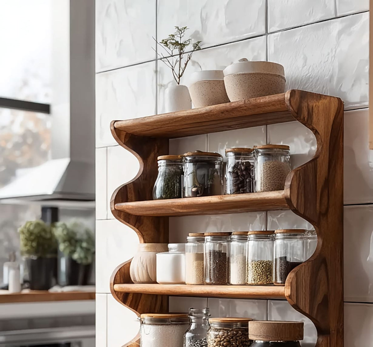 Solid wood pantry shelf showcasing natural wood grain and artisan craftsmanship