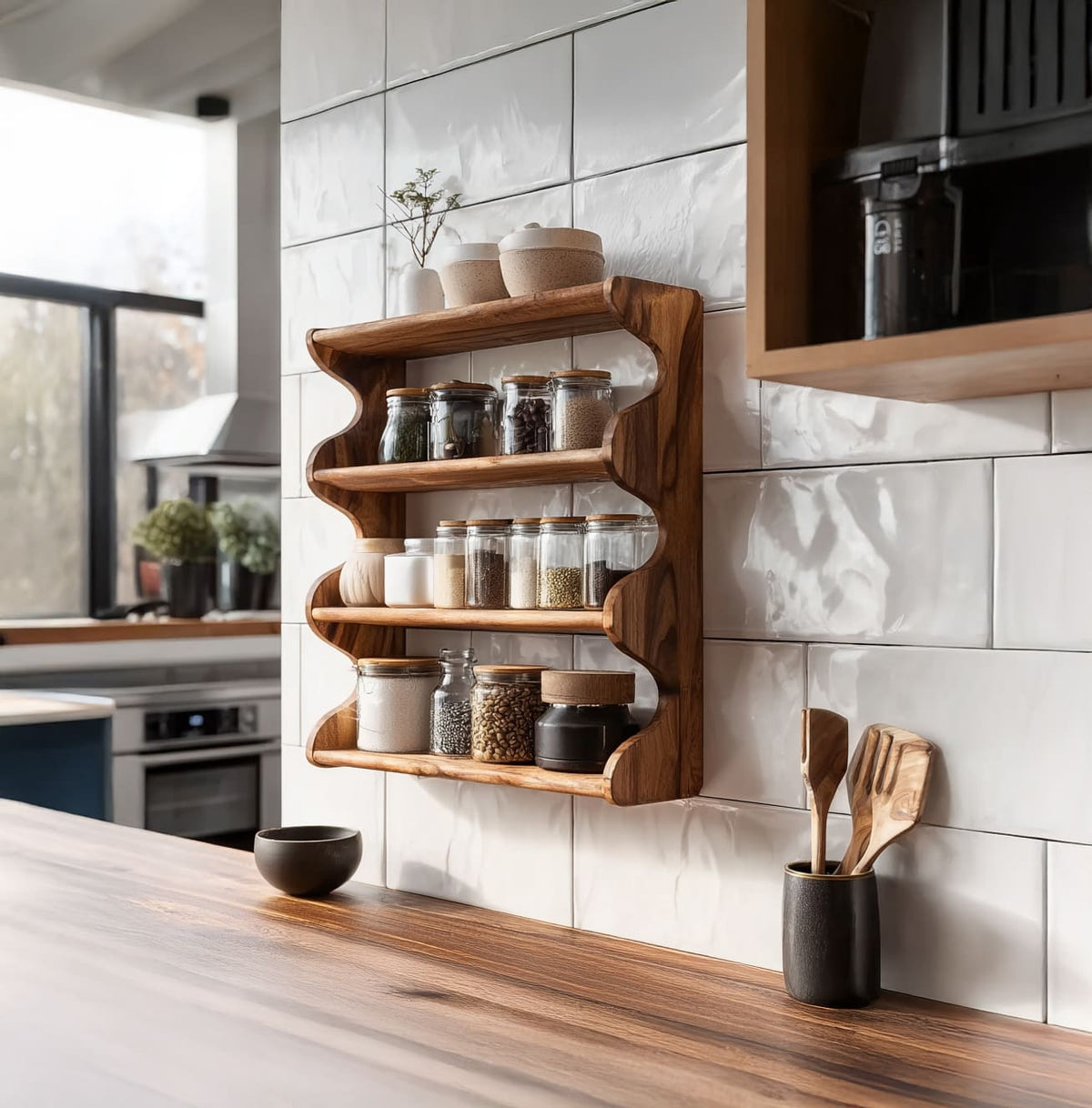 Rustic scalloped spice rack mounted on a kitchen wall displaying spice jars and pantry items