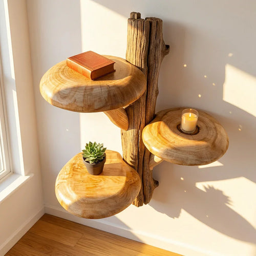 Rustic Mushroom Tree Wall Shelf with 3 Wide Caps and Raw Bark Trunk - Handcrafted Solid Wood, Thick Carved Stems, Handcrafted Solid Wood Floating Shelf for Living Room, Bedroom, Hallway
