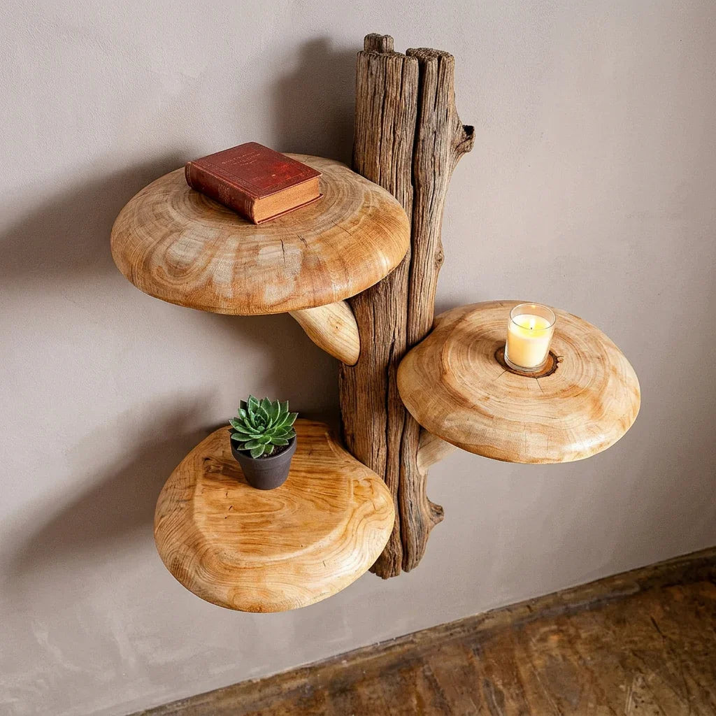 Rustic Mushroom Tree Wall Shelf with 3 Wide Caps and Raw Bark Trunk - Handcrafted Solid Wood, Thick Carved Stems, Handcrafted Solid Wood Floating Shelf for Living Room, Bedroom, Hallway - Ashdeco 2026