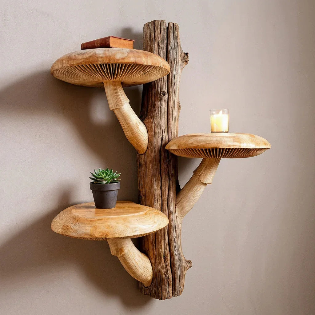 Rustic Mushroom Tree Wall Shelf with 3 Wide Caps and Raw Bark Trunk - Handcrafted Solid Wood, Thick Carved Stems, Handcrafted Solid Wood Floating Shelf for Living Room, Bedroom, Hallway - Ashdeco 2026