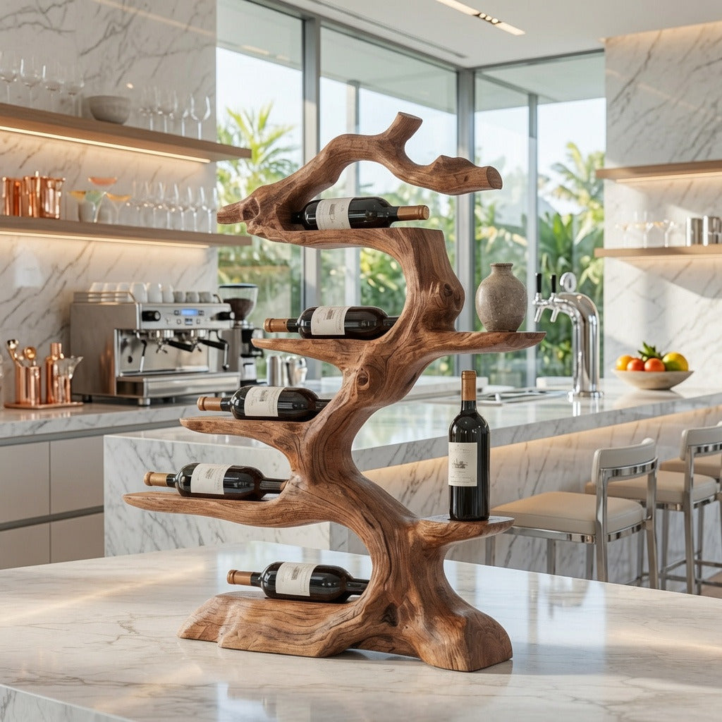 Handcrafted wooden wine display shelf in a farmhouse dining room